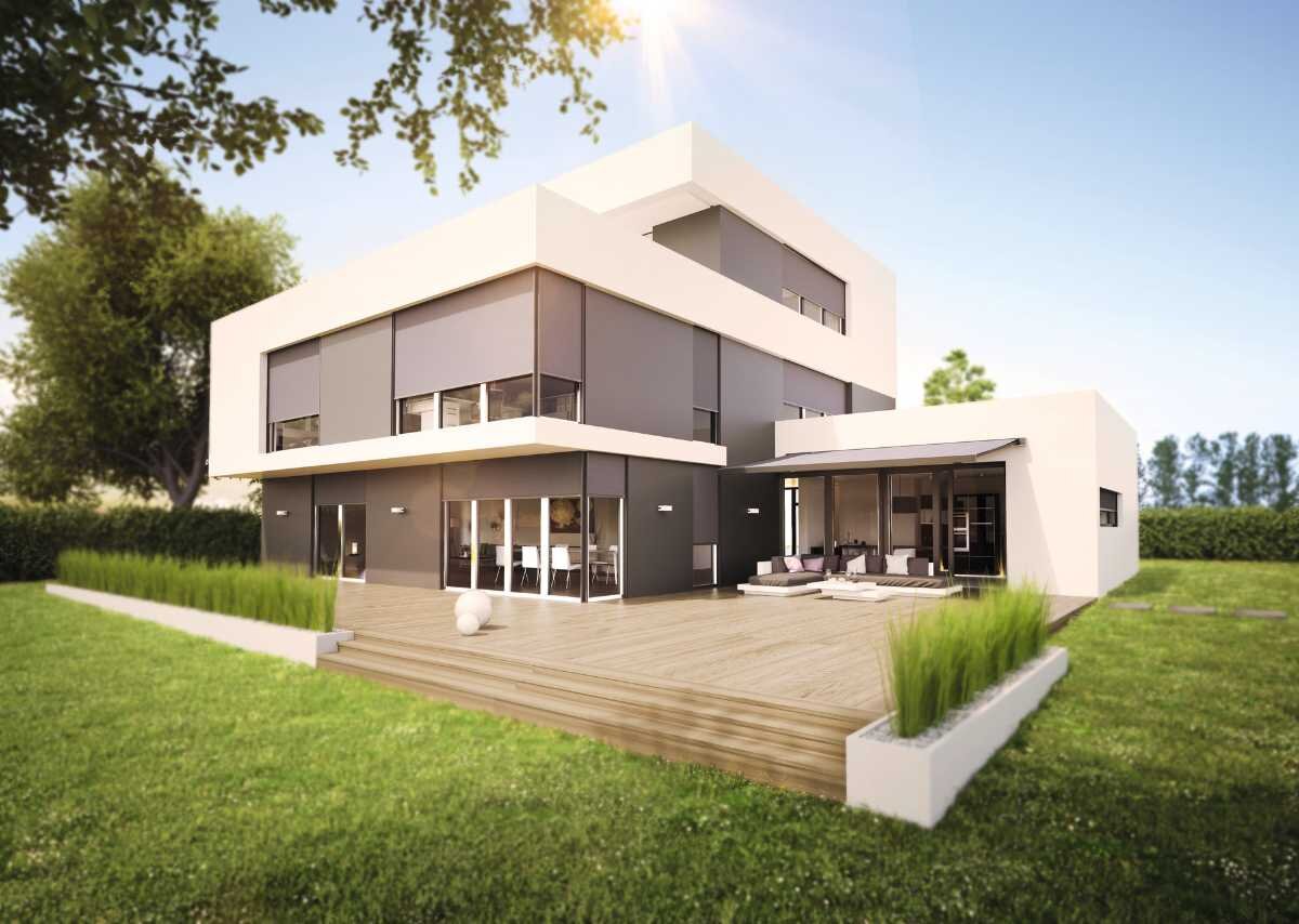 Fenstermarkisen und Sonnenschutz Modernes Haus mit Fenstermarkisen als Sonnenschutz