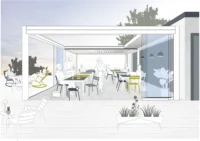 Illustration eines modernen Außenbereichs mit Pergola und Menschen, die sich unterhalten